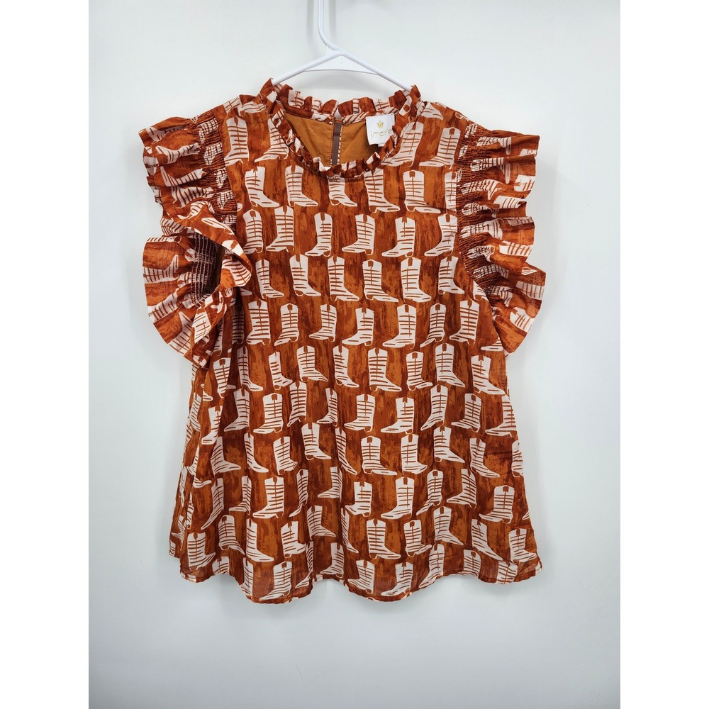 J. Marie Ruffle Top Womens Small Rust Cowboy Boot Print Smock Sleeve JM2553